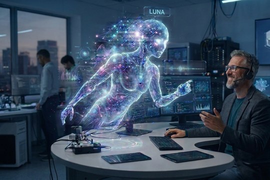 A holographic AI colleague projected beside an engineer at a control-room desk